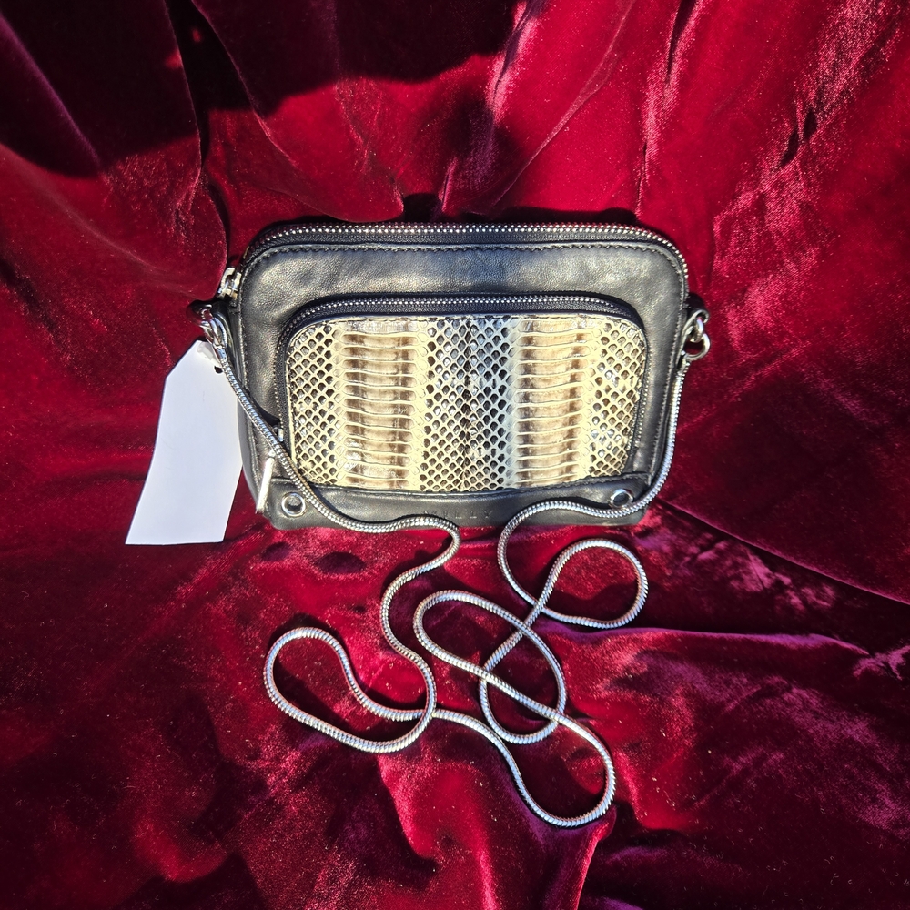 Milly Black Leather Crossbody Bag w/ Snakeskin Panel & Chain Strap